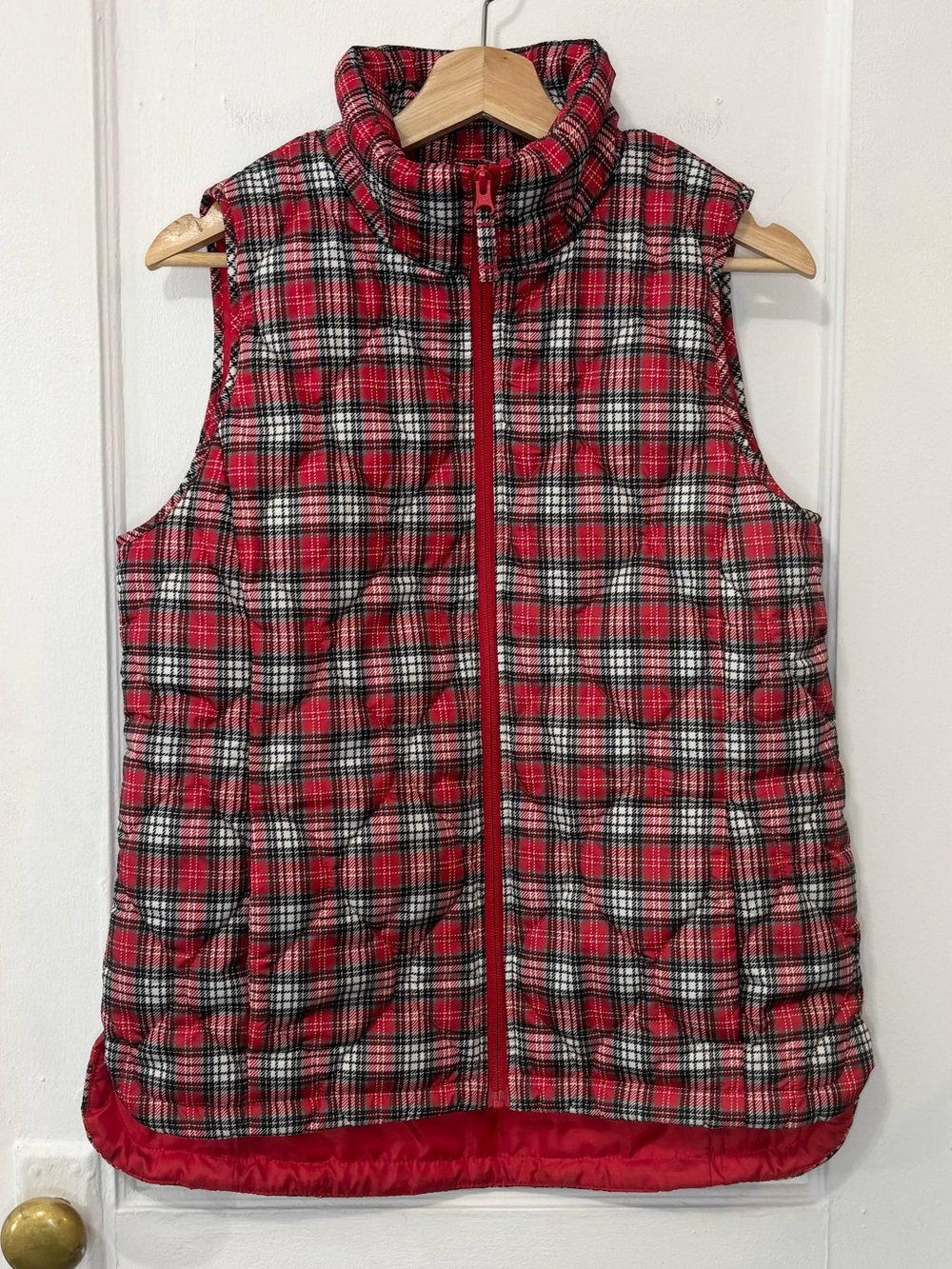 LANDS'END Women Print FeatherFree Quilted Insulated Vest, Size Small, Red Plaid